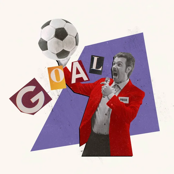 Contemporary Art Collage Emotive Young Man Professional Sport Commentator Journalist — ストック写真