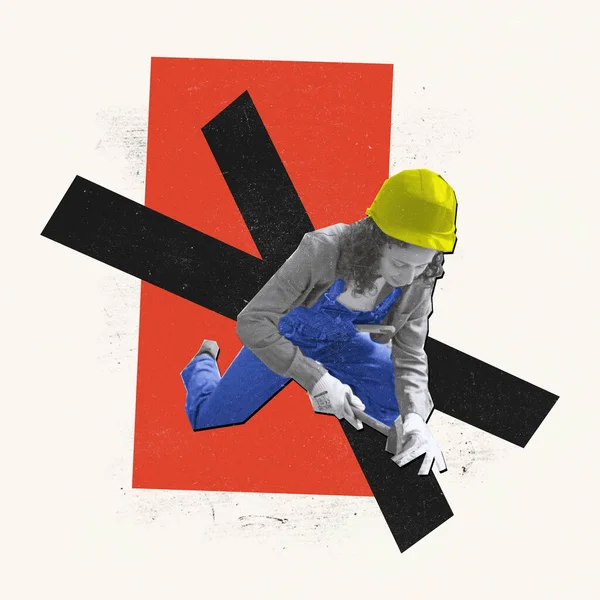 Contemporary Art Collage Young Woman Professional Builder Makes Room Repairs — Fotografia de Stock