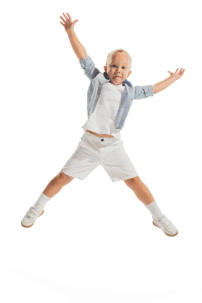 Portrait Little Boy Child Casual Outfit Posing Jump Having Fun — Stockfoto