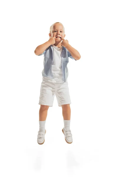 Portrait Little Boy Child Casual Outfit Posing Making Funny Faces — Stockfoto