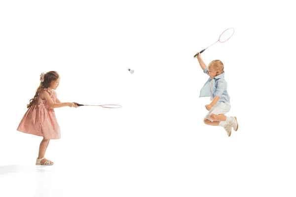 Portrait Two Little Children Boy Girl Playing Together Badminton Posing — Stock Photo, Image