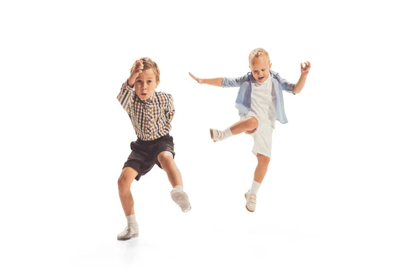 Portrait Two Little Boys Children Playing Together Running Jumping Isolated — Stockfoto