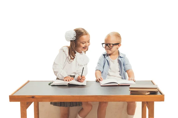 Portrait Little Boy Girl Children Sitting Desk Studying Doing Homework — Zdjęcie stockowe