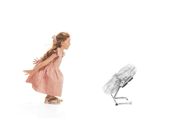 Portrait Little Beautiful Girl Child Posing Fan Playing Isolated White — Stock Fotó