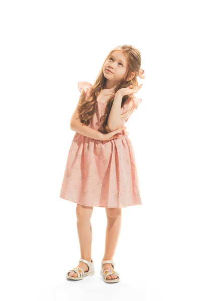 Portrait Beautiful Little Girl Stylish Dress Posing Dreamy Look Isolated — Fotografia de Stock