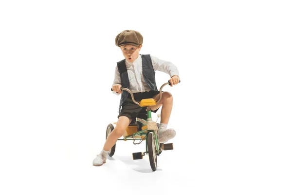 Portrait Child Boy Vintage Outfit Playing Having Fun Riding Small — Stock Photo, Image