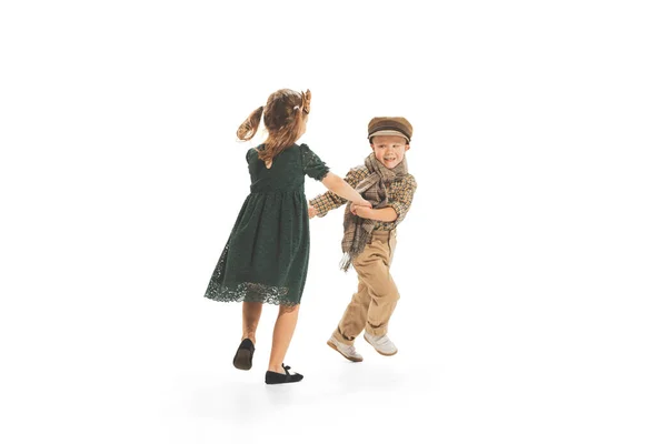 Portrait Children Boy Girl Vintage Clothes Playing Together Having Fun — Zdjęcie stockowe