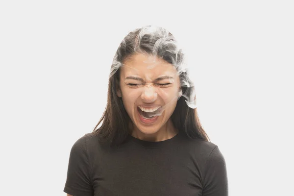 Shouting Young Girl Dark Hair Releases Smoke Mouth Isolated White — Stock Photo, Image