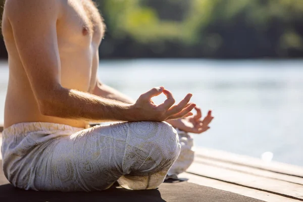 Doing Yoga Exercises Lotus Pose One Young Bearded Man Meditating — Fotografia de Stock