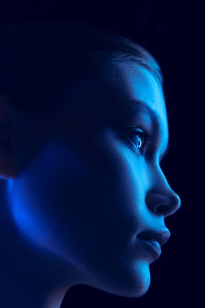 Marvelous Night Closeup Portrait Young Woman Neon Light Dark Background — 스톡 사진