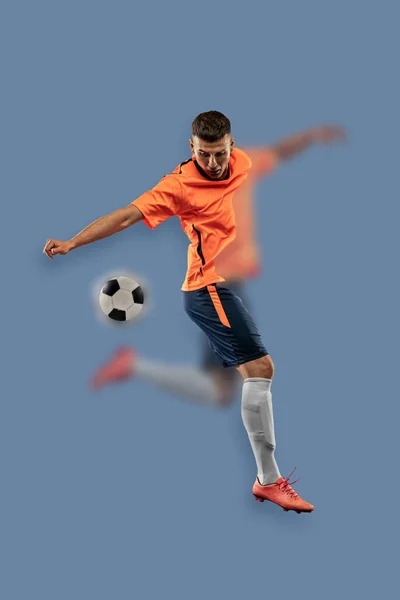 Portrait Blurring Effect Young Male Soccer Football Player Kicking Ball — Zdjęcie stockowe