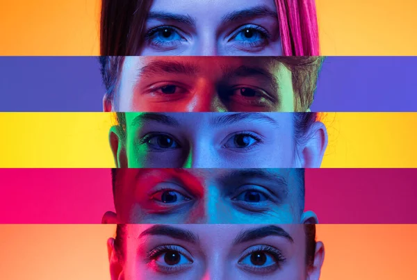 Colagem Close Olhos Masculinos Femininos Isolados Backgorund Neon Colorido Listras — Fotografia de Stock