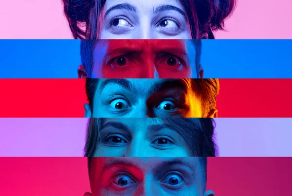 Colagem Close Olhos Masculinos Femininos Isolados Backgorund Neon Colorido Listras — Fotografia de Stock