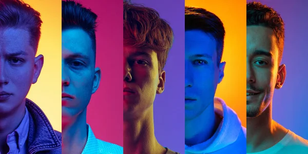 Different Young Men Looking Camera Multicolored Background Neon Collage Made — Stockfoto