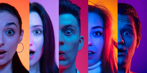 Shocked Surprised Young People Looking Camera Multicolored Background Neon Collage — Stockfoto