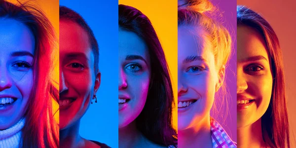 Happy Smiling Young People Looking Camera Multicolored Background Neon Collage — Stock fotografie