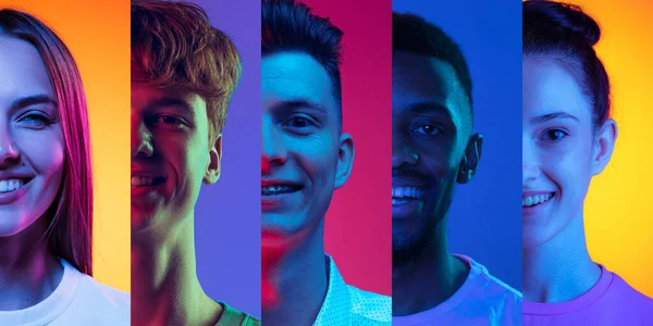 Diversity Happy Smiling Young People Looking Camera Multicolored Background Neon — Fotografie, imagine de stoc