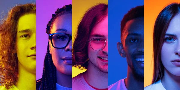 Diversity. Happy smiling young people looking at camera on multicolored background in neon. Collage made of half of human faces. Emotions, equality, unification of all nations, ages and interests.