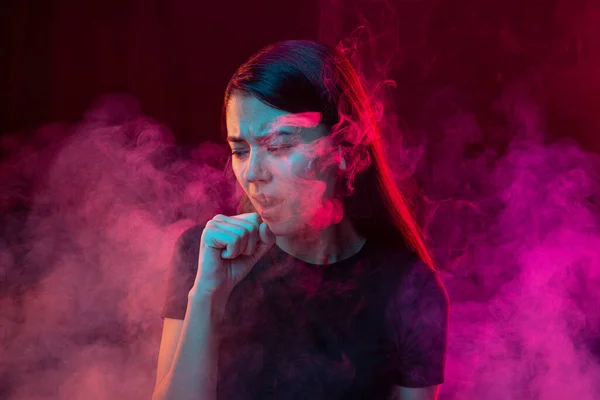 Smokers Cough Sick Young Man Stressed Emotions Isolated Dark Pink — Fotografie, imagine de stoc