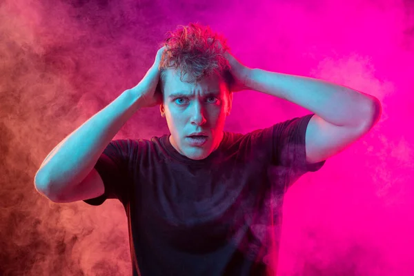 Emotional Pain Young Man Deep Emotional Shock Isolated Magenta Color — Stockfoto