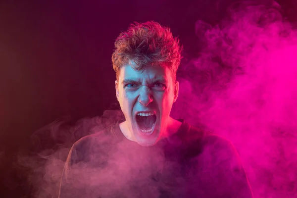 Scream Shouting Excited Young Man Bright Emotions Isolated Pink Background — Stock fotografie