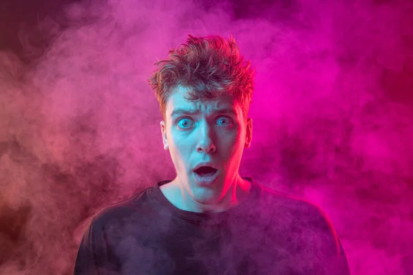 Scared Shouting Excited Young Man Bright Emotions Isolated Pink Background — kuvapankkivalokuva