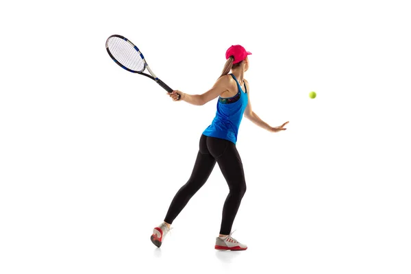 Porträtt Ung Sportig Kvinna Tennisspelare Spelar Tennis Isolerad Vit Bakgrund — Stockfoto
