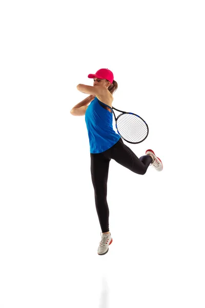 Портрет Молодої Спортсменки Тенісистки Які Грають Теніс Ізольовані Білому Тлі — стокове фото