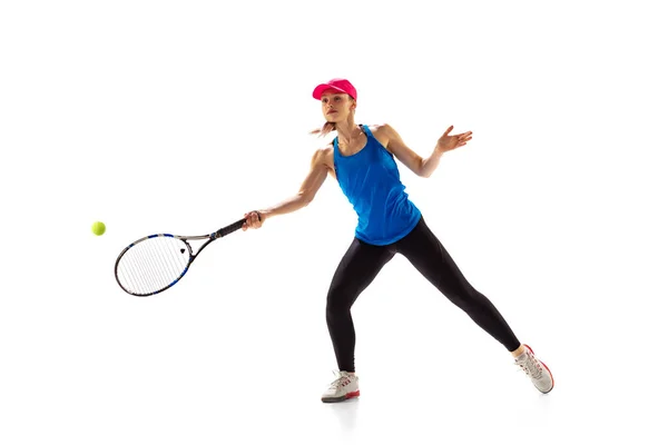 Retrato Una Joven Deportista Tenista Jugando Tenis Aislado Sobre Fondo — Foto de Stock