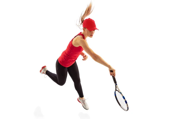 Aerial View Training Female Tennis Player Practicing Power Serving Isolated — Fotografia de Stock