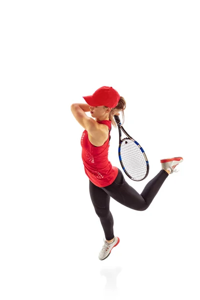 Енергія Енергія Молода Спортивна Жінка Тенісистка Грає Теніс Ізольовано Білому — стокове фото