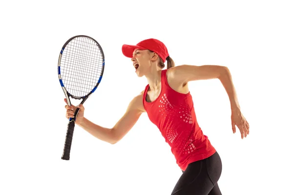 Excited Young Woman Tennis Player Shouting Sports Win Isolated White — Stock Photo, Image