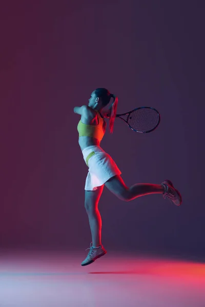 Full Length Portrait Young Woman Playing Tennis Isolated Dark Background — Stockfoto