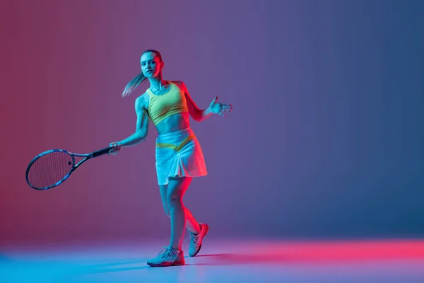 Full Length Portrait Young Woman Playing Tennis Isolated Dark Background — 图库照片