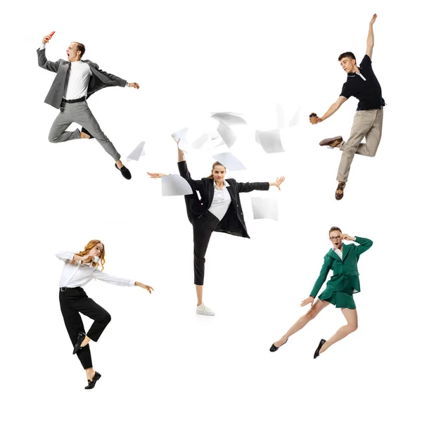 Deadlines Group Young People Office Workers Jumping Dancing Casual Clothes — 图库照片