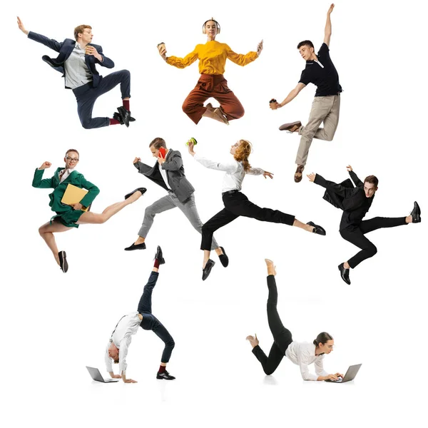 Marketing Department Action Group Office Workers Jumping Dancing Casual Clothes — Stock Photo, Image