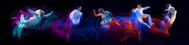 Flyer with images of young men dancing hip-hop, breakdance in white clothes on dark background with mixed neon light. Youth culture, hip-hop, movement, style and fashion, action.