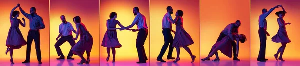 Social dance. Set with images of stylish man and woman dancing lindy hop over orange background in neon light. Art, dance, retro, vintage style and fashion. Flyer, collage, poster for ad