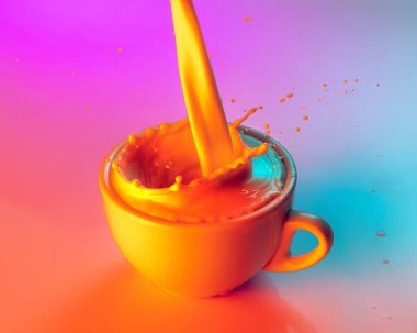 Closeup. Sugar please. Cup of coffee with milk standing on mirror surface over gradient blue white background in neon light. Concept of art, beauty, drinks. Copy space for ad