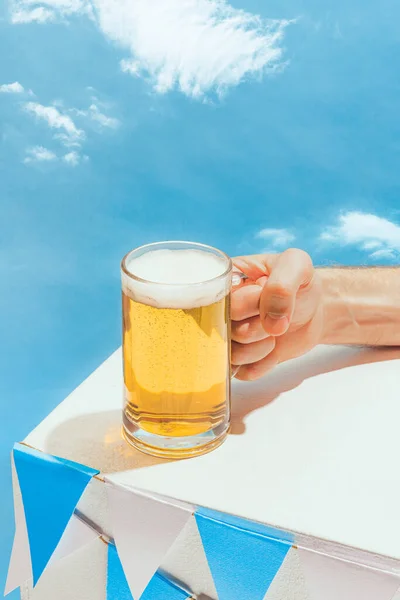 Meeting Mans Hand Huge Mug Cold Frothy Light Beer Cloudy —  Fotos de Stock