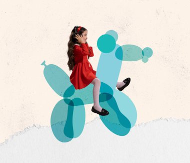 Art collage with cute happy kid riding a painted dog isolated on light background. Childhood, education, studying, back to school concept. Copy space for ad.