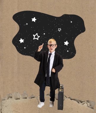 Space exploration. Conceptual art collage with cute school age kid isolated on light background. Childhood, education, studying, back to school concept. Copy space for ad.