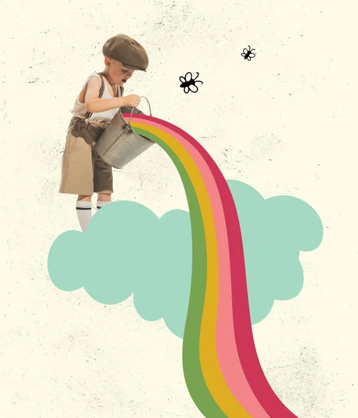 Making Rainbow Conceptual Art Collage Cute Preschool Age Kid Isolated — Stock Photo, Image