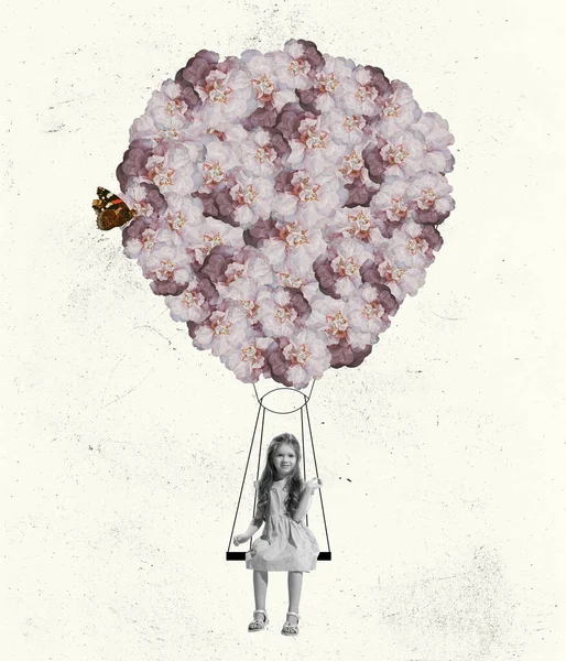 Flower Swing Conceptual Art Collage Cute School Age Kid Isolated — 스톡 사진