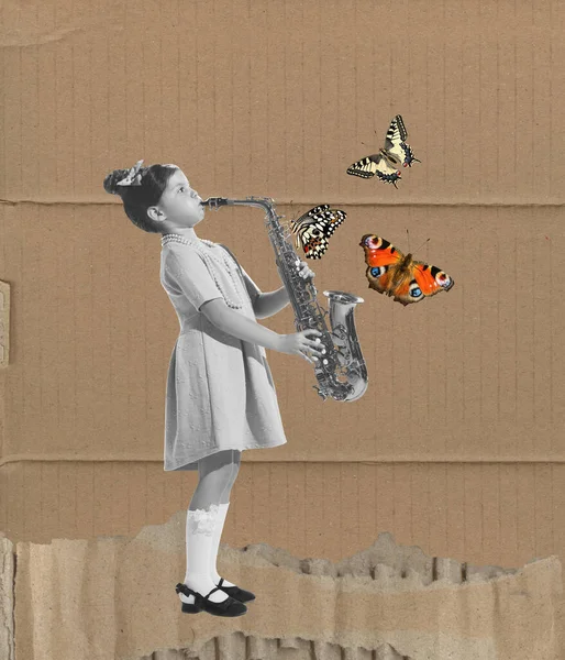 Music Conceptual Art Collage Cute Little Girl Playing Saxophone Isolated — Stockfoto