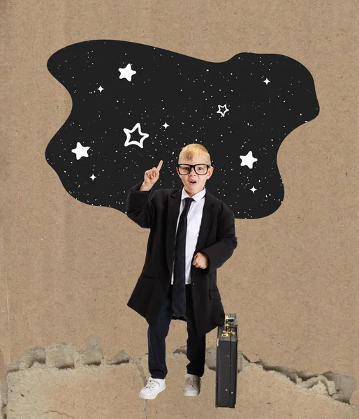 Space exploration. Conceptual art collage with cute school age kid isolated on light background. Childhood, education, studying, back to school concept. Copy space for ad.