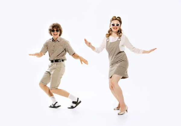 Delight Expressive Couple Dancers Vintage Retro Style Outfits Dancing Social — Zdjęcie stockowe