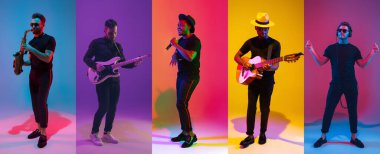 Music concert. Portraits of pop and rock musicians with musical tools isolated on multicolored background in neon light. Concept of emotions, art, ad and music.