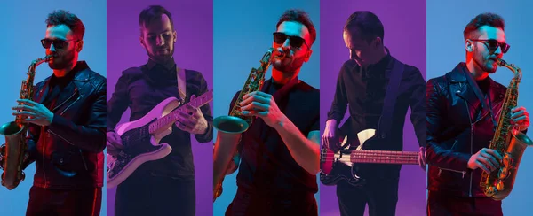 Saxophone Guitar Portraits Pop Rock Musicians Musical Tools Isolated Multicolored — Stockfoto