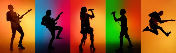 Silhouettes Various Musicians Playing Different Instruments Multicolored Background Neon Concept — Stockfoto